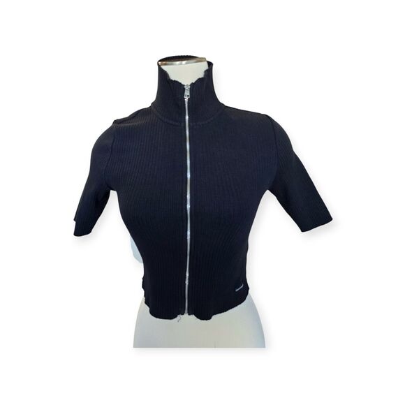 Calvin Klein Jean cropped Black Ribbed Sweater Short Sleeve Stretch Women Size M - Picture 1 of 6